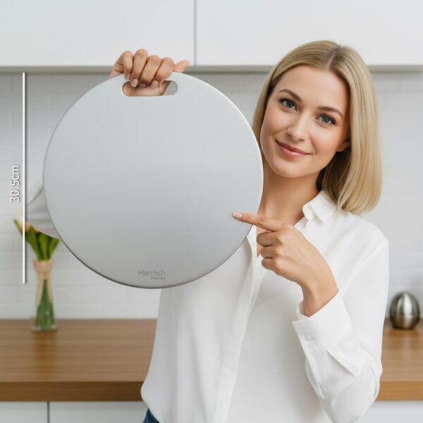 Herrlich Homes Round Stainless Steel Chopping Board for Kitchen | with 2 Steel Straw & Anti-Skid Silicon Pad | for Cutting Vegetables, Meat, Fish, Fruits | Large | 30.5 cm
