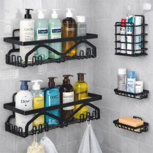 JIALTO 5 in 1 Self-Adhesive Bathroom Organizer Combo - No Drill Wall Mounted Shelf Stand with Metal Racks | Toothbrush Holder | Soap Dish & Storage Tray | Multipurpose Bathroom Accessories (Black)