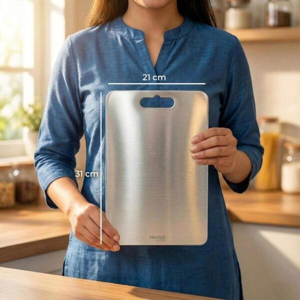 Herrlich Homes Rectangle Stainless Steel Chopping Board | with Steel Straw & Anti-Skid Silicon Pad | for Cutting Vegetables, Meat, Fish, Fruits | Chopping Board for Kitchen | M | 31 x 21 cm
