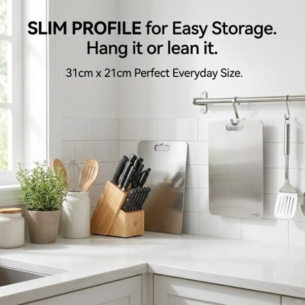 Herrlich Homes Rectangle Stainless Steel Chopping Board | with Steel Straw & Anti-Skid Silicon Pad | for Cutting Vegetables, Meat, Fish, Fruits | Chopping Board for Kitchen | M | 31 x 21 cm