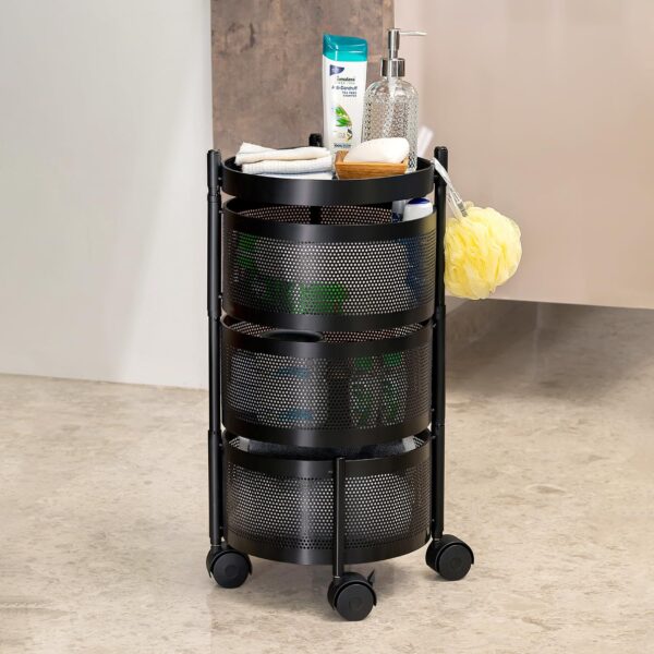 Kitchenwell Round Multi-Purpose Rotatable Trolley Storage Organizer Kitchen Storage Rack Design Fruits & Vegetable Onion Cutlery Dish Rack (Matt Black, Round - 3 Layer)