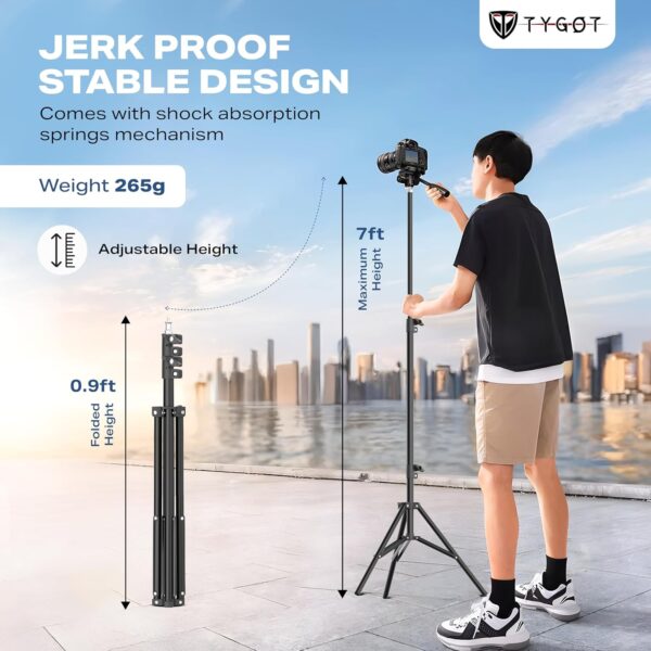 Tygot Lightweight & Portable Portable 7 Feet (84 Inch) Long Tripod Stand with Adjustable Mobile Clip Holder for All Mobiles & Cameras (Black)