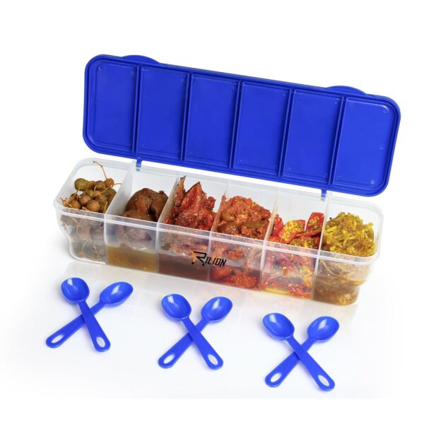 RILION Multipurpose 6-in-1 Masala Box for Kitchen| Airtight BPA-Free Plastic 6 Section Storage Container with 6 Spoons, 1800 ml Transparent Pickle Box for Spices| Dry Fruits, Snacks Pack Of 1 Blue