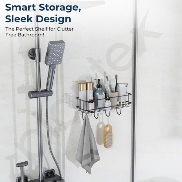 Plantex Bathroom Organiser Without Drill/GI Steel Self Adhesive Bathroom Shelf/Bathroom Stand for Wall/Bathroom Accessories Set Pack of 1 (Black, CED Powder Coated)