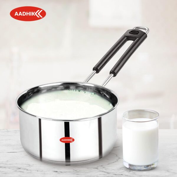 AADHIK Stainless Steel Sauce Pan, Tea Pan, Milk Pan Heavy Guage 1.5 Litre (Induction and Gas Stove Friendly), Silver