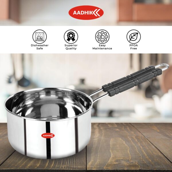 AADHIK Stainless Steel Sauce Pan, Tea Pan, Milk Pan Heavy Guage 1.5 Litre (Induction and Gas Stove Friendly), Silver