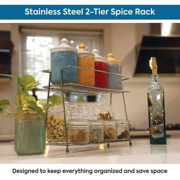Stainless Steel Spice 2-Tier Countertop Trolley Container Kitchen Organizer For Boxes Utensils Dishes Plates For Home (Multipurpose Storage Shelf Shelves Holder Stand,Tiered Shelf