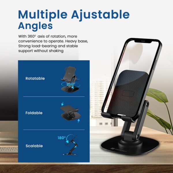 Portronics Mobot III 360° Rotatable & Foldable Mobile Phone Holder With Stable Metallic base,Adjustable Height, Anti Skid Pad,Tabletop Mobile Phone Stand for all Smartphones,tablets,Kindle,ipad(Black)