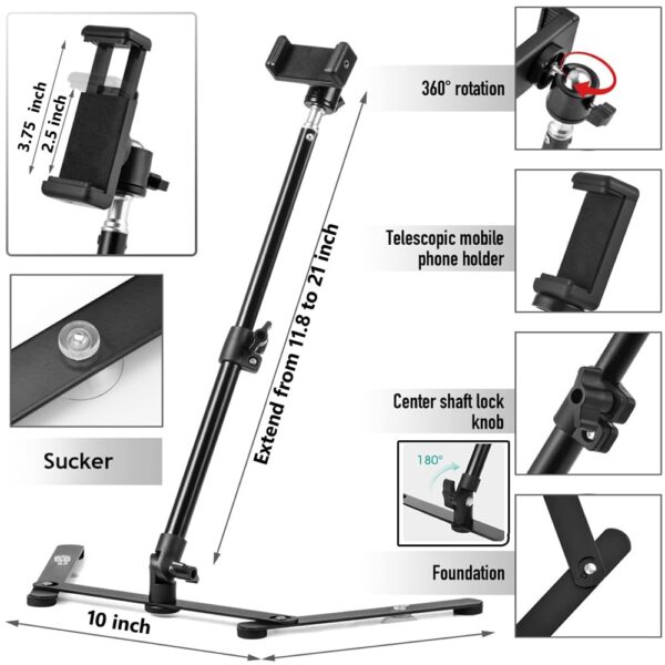 BROLAVIYA Overhead Video Mobile Metal desktop Stand with 1/4" Male Adaptor for Camera,Gopro and Mobile Bracket for online teaching,Video,Desktop,Bedroom, Office