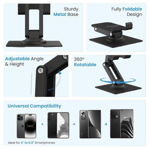 Ambrane 360° Rotation, Foldable Design Mobile Stand with Stable Metalic Round Base, Multiple Height & Angle adjustments Compatible with Smartphones, Tablets, Kindles & iPad (Twistand 360, Black)