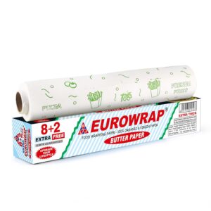 EUROWRAP Food Wrapping Butter Paper 10 Mtr (8+2) | Extra Thick Food Grade Wrap for Cooking, Baking, Packing, Serving & Roti | Non-Stick Multipurpose Parchment Paper | Kitchen Essentials