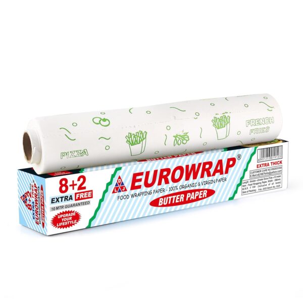 EUROWRAP Food Wrapping Butter Paper 10 Mtr (8+2) | Extra Thick Food Grade Wrap for Cooking, Baking, Packing, Serving & Roti | Non-Stick Multipurpose Parchment Paper | Kitchen Essentials