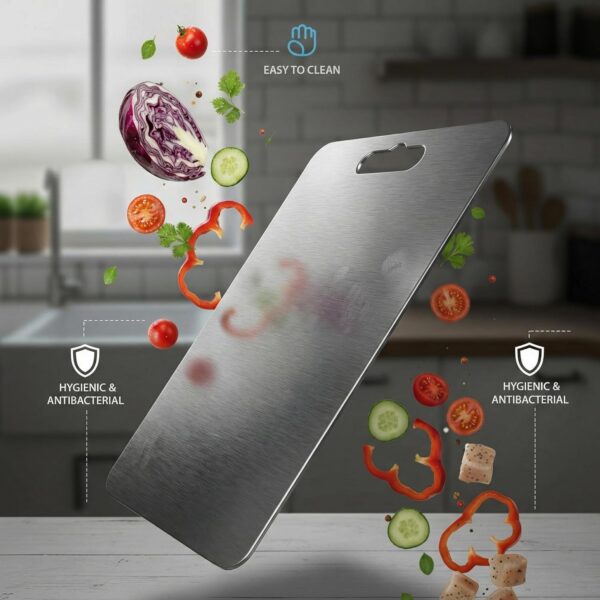 Herrlich Homes Rectangle Stainless Steel Chopping Board | with Steel Straw & Anti-Skid Silicon Pad | for Cutting Vegetables, Meat, Fish, Fruits | Chopping Board for Kitchen | M | 31 x 21 cm