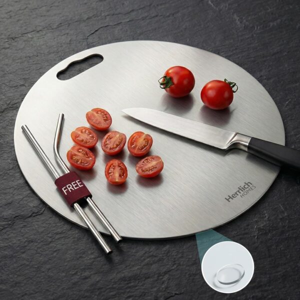 Herrlich Homes Round Stainless Steel Chopping Board for Kitchen | with 2 Steel Straw & Anti-Skid Silicon Pad | for Cutting Vegetables, Meat, Fish, Fruits | Large | 30.5 cm