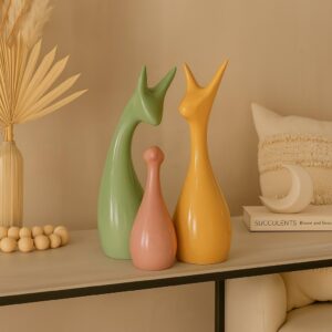 LIFEHAXTORE® Home Décor Lucky Deer Family Set | Piano Finish Ceramic Figures - (Set of 3 Yellow, Pink, LightGreen)