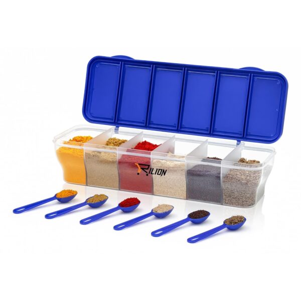 RILION Multipurpose 6-in-1 Masala Box for Kitchen| Airtight BPA-Free Plastic 6 Section Storage Container with 6 Spoons, 1800 ml Transparent Pickle Box for Spices| Dry Fruits, Snacks Pack Of 1 Blue