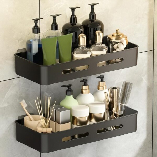 Self Adhesive Bathroom Shelf for Wall Shelf Organizer Wall Mounted Self Adhesive Bathroom Shelf for Wall Shelf Organizer Wall Mounted Bathroom Shelves Rack Holder Stand for Bathroom Accessories Organiser Without Drill (Black, Pack of 2)