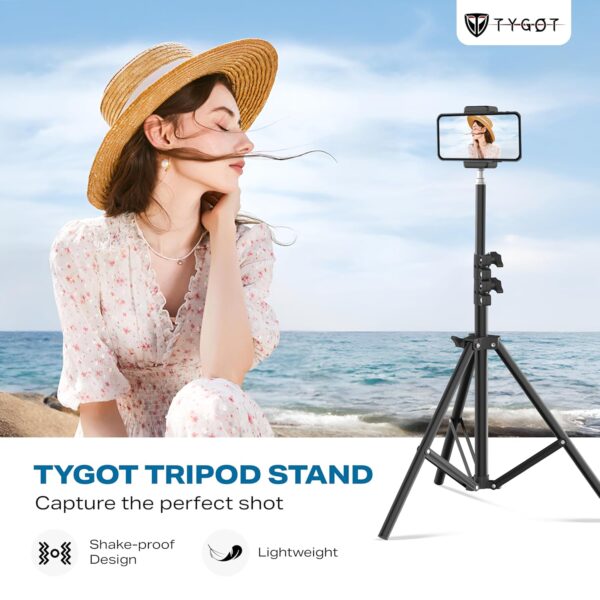 Tygot Lightweight & Portable Portable 7 Feet (84 Inch) Long Tripod Stand with Adjustable Mobile Clip Holder for All Mobiles & Cameras (Black)