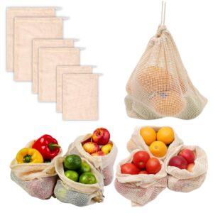 100% Cotton Mesh Net Vegetable Fruit Fridge Bag | Eco-friendly Natural White Washable Reusable Drawstring Zip Bags For Food Storage | Multipurpose Kitchen Organizer Grocery Bags (Pack of 6)