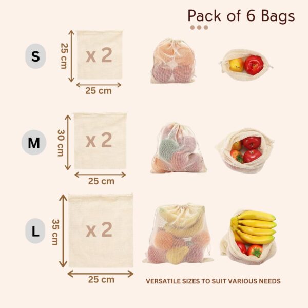 100% Cotton Mesh Net Vegetable Fruit Fridge Bag | Eco-friendly Natural White Washable Reusable Drawstring Zip Bags For Food Storage | Multipurpose Kitchen Organizer Grocery Bags (Pack of 6)