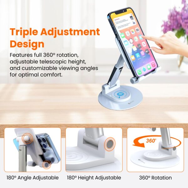 Elfora 360° Rotating Mobile Phone Stand | Foldable, Height & Angle Adjustable Phone Holder for Desk | Portable & Stable Design | Compatible with iPhone, Samsung, Vivo, Oneplus & All Smartphones(White)