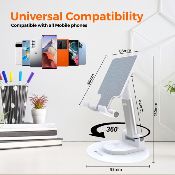 Elfora 360° Rotating Mobile Phone Stand | Foldable, Height & Angle Adjustable Phone Holder for Desk | Portable & Stable Design | Compatible with iPhone, Samsung, Vivo, Oneplus & All Smartphones(White)