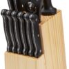 amazon basics Stainless Steel Knife Set with High-carbon Blades and Pine Wood Block, 14 Pieces