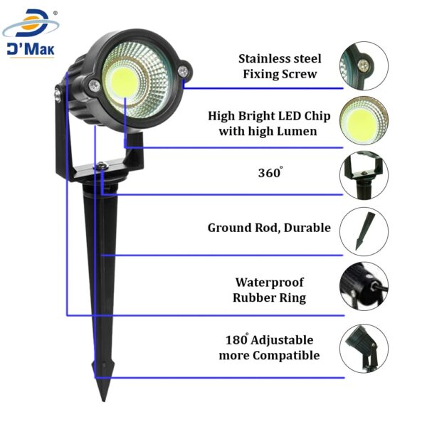 D'Mak 3 Watt and Spike Focus 'IP65 ' Water Resistant and Adjustable 180° Black Aluminium Body Outdoor LED Garden Lights (Warm White) - Pack of 10