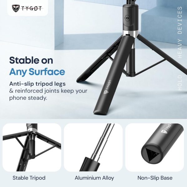 Tygot T9 3-in-1 Selfie Stick Tripod with Wireless Bluetooth Remote & 360° Rotation, Extendable up to 67 Inch (170CM), Portable, Lightweight Stand for Mobile & Action Cameras