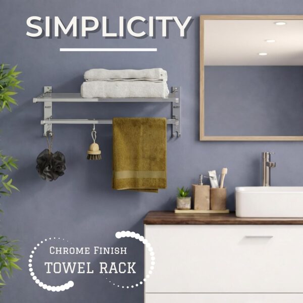 Gloxy Towel Rack in Bathroom - Stainless Steel Towel Holder in Bathroom - 24 Inch Folding Wall Mounted Towel Rack with Shelf – Durable & Space Saving – Chrome Finish Bathroom Organizer (Non-Adhesive)