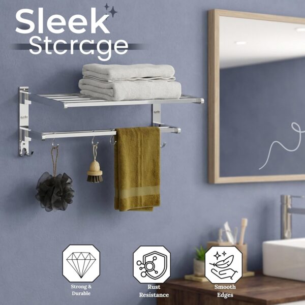 Gloxy Towel Rack in Bathroom - Stainless Steel Towel Holder in Bathroom - 24 Inch Folding Wall Mounted Towel Rack with Shelf – Durable & Space Saving – Chrome Finish Bathroom Organizer (Non-Adhesive)