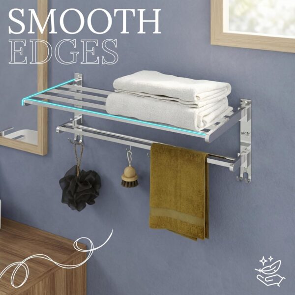 Gloxy Towel Rack in Bathroom - Stainless Steel Towel Holder in Bathroom - 24 Inch Folding Wall Mounted Towel Rack with Shelf – Durable & Space Saving – Chrome Finish Bathroom Organizer (Non-Adhesive)