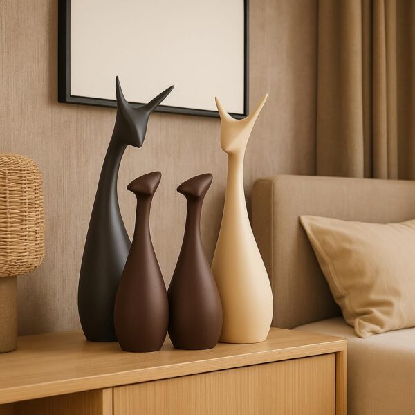 Xtore Home Decor Lucky Deer Family Matte Finish Ceramic Figures - (Set of 4, Matte Brown)