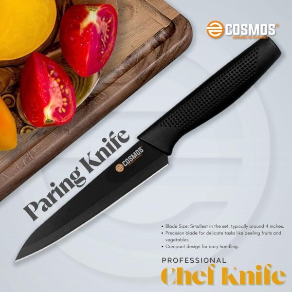 E-COSMOS® Professional 3-Piece Kitchen Knife Set - High Carbon Stainless Steel Chef, Utility & Santoku Knives with Ergonomic Blue Handles (Black, 3 Pc Knife Set)