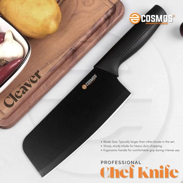 E-COSMOS® Professional 3-Piece Kitchen Knife Set - High Carbon Stainless Steel Chef, Utility & Santoku Knives with Ergonomic Blue Handles (Black, 3 Pc Knife Set)