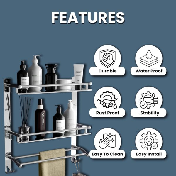 GLOXY Stainless Steel Washroom Storage Organizer | Double Layer Wall Mounted Bathroom Shelf with Towel Rod | Bathroom Accessories for Storage and Organization – Chrome Finish (15W x 5D x 18H in)