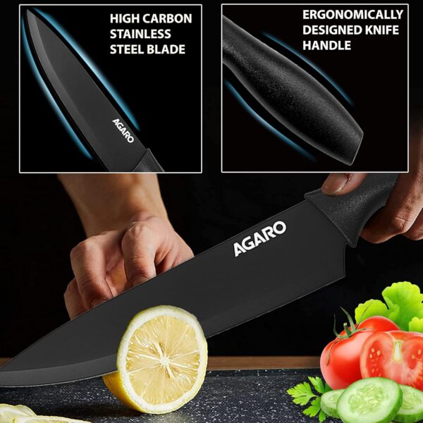 AGARO Royal 6 Pcs Kitchen Knife Set with Cover, High Carbon Stainless Steel Black Colour Coated Professional Chef Knife, Utility, Sontuku, Bread, Utility, Paring, for Home & Restaurant Use, Black
