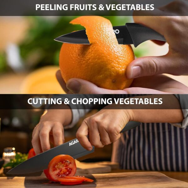 AGARO Royal 6 Pcs Kitchen Knife Set with Cover, High Carbon Stainless Steel Black Colour Coated Professional Chef Knife, Utility, Sontuku, Bread, Utility, Paring, for Home & Restaurant Use, Black