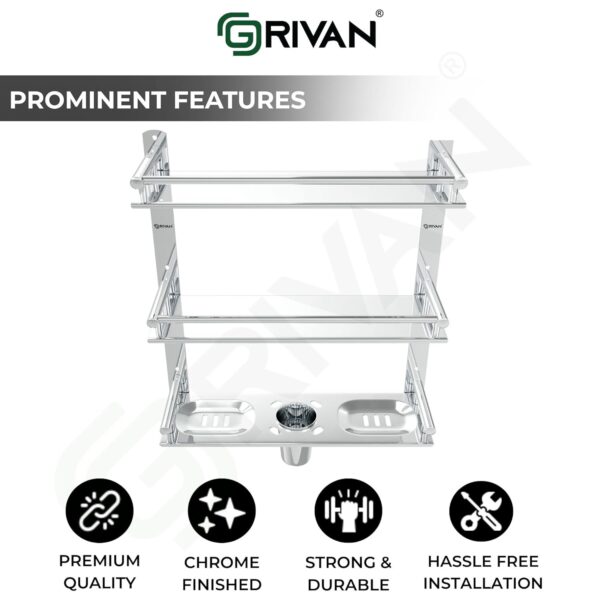 GRIVAN Stainless Steel 3 Layer/3 Tier Multipurpose Bathroom Shelf/Rack/Organizer/Stand/Holder with Double Soap Dish and Toothbrush Holder Tumbler Bathroom Accessories
