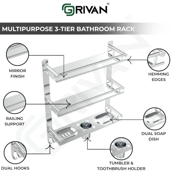 GRIVAN Stainless Steel 3 Layer/3 Tier Multipurpose Bathroom Shelf/Rack/Organizer/Stand/Holder with Double Soap Dish and Toothbrush Holder Tumbler Bathroom Accessories