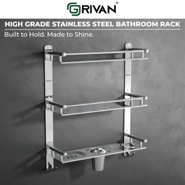 GRIVAN Stainless Steel 3 Layer/3 Tier Multipurpose Bathroom Shelf/Rack/Organizer/Stand/Holder with Double Soap Dish and Toothbrush Holder Tumbler Bathroom Accessories