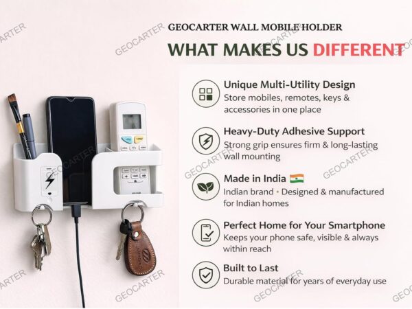 Wall Mobile Holder | Multi-Purpose Mobile Stand | Remote Holder & Mobile Charging Stand, Phone Stand for Charging with Pen and Key Holder Useful Gadget-White