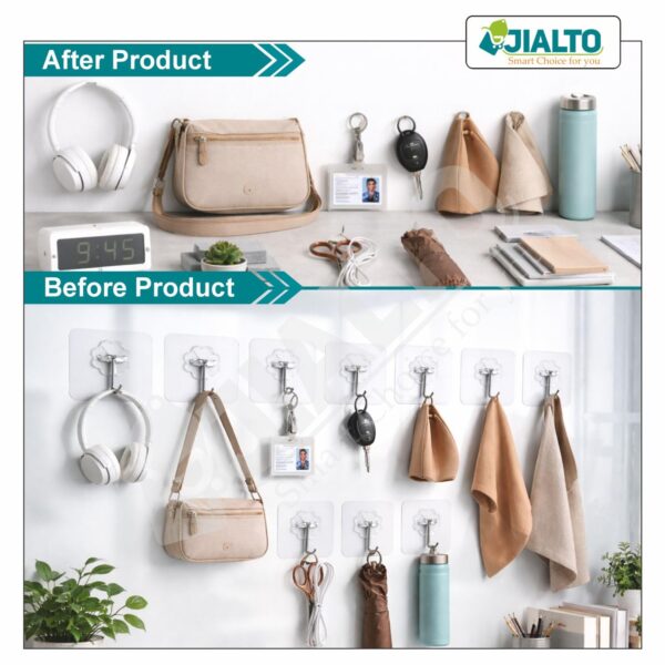 JIALTO Adhesive Hooks 10 Pcs – Heavy Duty 5 Kg Nail-Free Wall Hooks, Reusable Stainless Steel Sticky Hangers for Kitchen Bathroom Towels, Utility, Ceiling, Multipurpose Home Organization