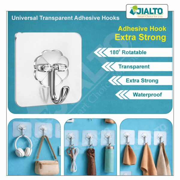 JIALTO Adhesive Hooks 10 Pcs – Heavy Duty 5 Kg Nail-Free Wall Hooks, Reusable Stainless Steel Sticky Hangers for Kitchen Bathroom Towels, Utility, Ceiling, Multipurpose Home Organization