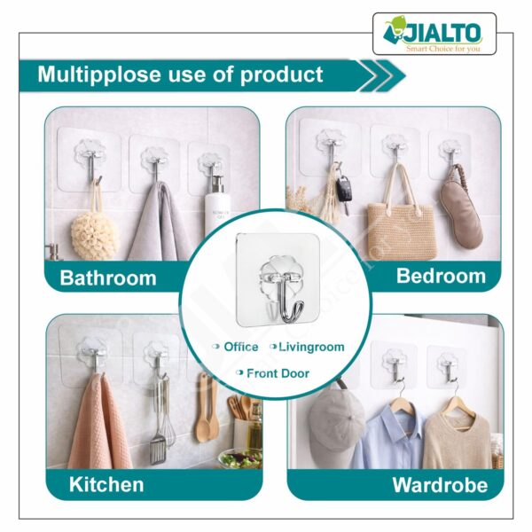 JIALTO Adhesive Hooks 10 Pcs – Heavy Duty 5 Kg Nail-Free Wall Hooks, Reusable Stainless Steel Sticky Hangers for Kitchen Bathroom Towels, Utility, Ceiling, Multipurpose Home Organization