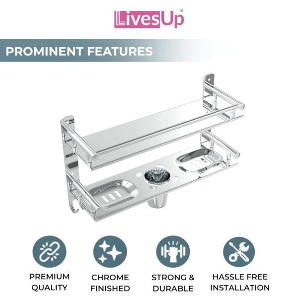 Stainless Steel Multi-use Rack, Bathroom Shelf, Soap Stand, Tumbler and Toothbrush Holder, Bathroom Accessories, Silver, Number of Shelves 2