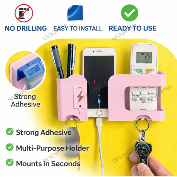 Mobile Phone Charging Stand Multi-Functional Storage Wall Mounted Ac Remote Holder Self Adhesive Bedside Fixed Rack Bedroom Office Accessories Apricot Pack of 1