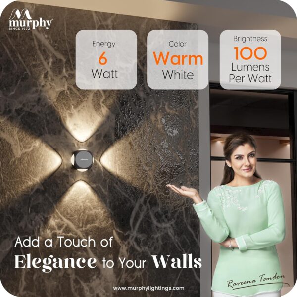 Murphy LED Outdoor Up/Down Wall Light - 6W, Warm White, (4 Multi-Directional Beams), IP65 Waterproof Aluminum Body, Pack of 1 (2-Year Warranty)