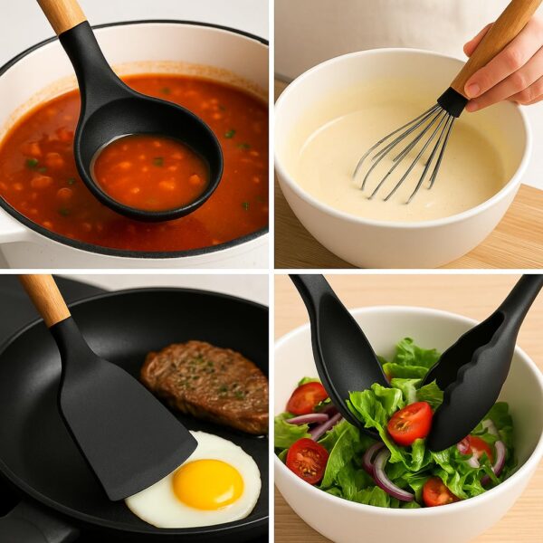 Silicone Kitchen Spatula and Utensils Spoon Set Cooking + Baking Set- 12 Pcs Non-Stick with Wooden Handle-BPA Free, Heat Resistant Item, Flexible Non Toxic Silicon Cookware Tools (Black)