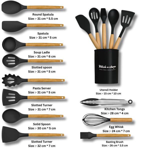 Silicone Kitchen Spatula and Utensils Spoon Set Cooking + Baking Set- 12 Pcs Non-Stick with Wooden Handle-BPA Free, Heat Resistant Item, Flexible Non Toxic Silicon Cookware Tools (Black)